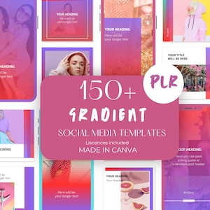 May include: A collection of social media templates with a gradient design. The image features various mockups of phone screens with templates, showcasing a variety of colorful backgrounds and text overlays. The text on the image reads "150+ GRADIENT SOCIAL MEDIA TEMPLATES".