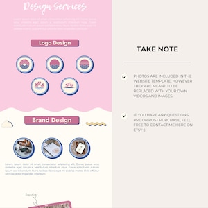 May include: A pink and white advertisement for design services. The top section reads "Design Services". Below are sections for "Logo Design" and "Brand Design" with circular images. The right side has "TAKE NOTE" and bullet points.