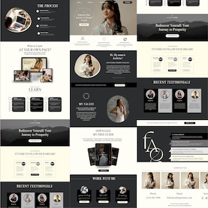 May include: A website screenshot with a black and white color scheme. The website features a woman's headshot, text that reads "Rediscover Yourself: Your Journey to Prosperity", and a call to action to "Download My Free Guide".