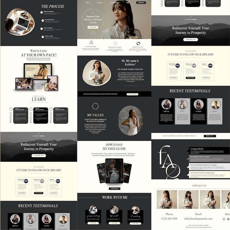 May include: A website screenshot with a black and white color scheme. The website features a woman's headshot, text that reads "Rediscover Yourself: Your Journey to Prosperity", and a call to action to "Download My Free Guide".