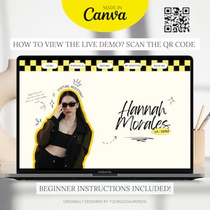 May include: A laptop displays a website design with a yellow and black checkered header. The website features a photo of a woman wearing sunglasses, the name "Hannah Morales," and the text "VA/SMM." The Canva logo is in the top left corner, and a QR code is in the top right.