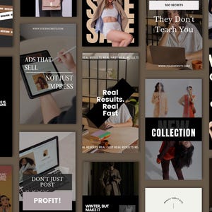 Puede incluir: Un collage de im&aacute;genes que promocionan una marca de ropa. Las im&aacute;genes muestran modelos con diferentes atuendos, con superposiciones de texto que promocionan ventas, nuevas colecciones y consejos de marketing. El texto incluye frases como "Resultados reales. Realmente r&aacute;pido", "Anuncios que venden", "No solo publiques, &iexcl;obtiene ganancias!" y "Nueva colecci&oacute;n".