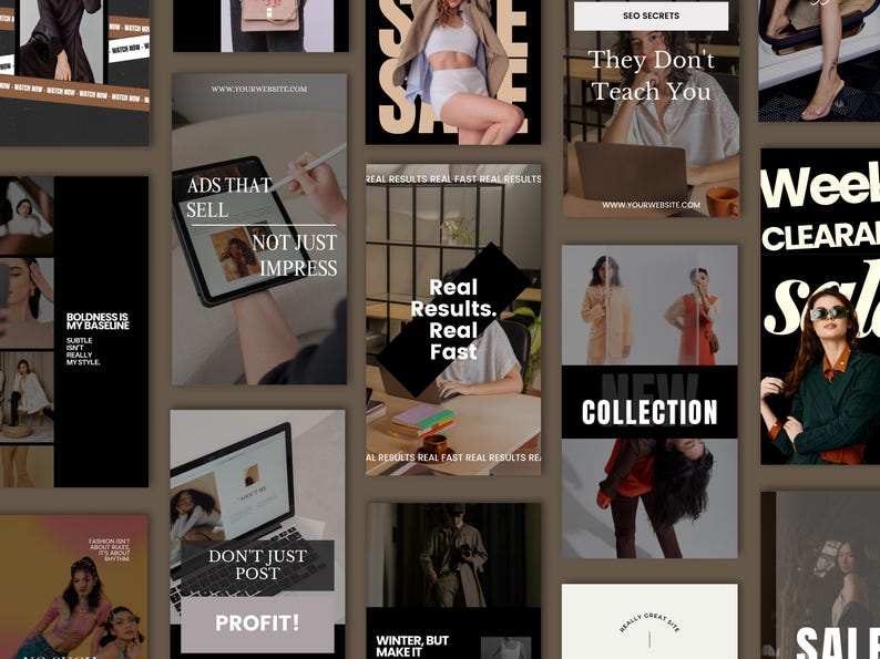 Puede incluir: Un collage de im&aacute;genes que promocionan una marca de ropa. Las im&aacute;genes muestran modelos con diferentes atuendos, con superposiciones de texto que promocionan ventas, nuevas colecciones y consejos de marketing. El texto incluye frases como "Resultados reales. Realmente r&aacute;pido", "Anuncios que venden", "No solo publiques, &iexcl;obtiene ganancias!" y "Nueva colecci&oacute;n".