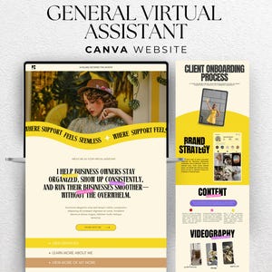 Può includere: Grafica di marketing digitale con il testo "GENERAL VIRTUAL ASSISTANT CANVA WEBSITE". Il design include un mockup di sito web con una donna con un cappello e sezioni per l'onboarding dei clienti, la strategia del marchio, i contenuti e la videografia.