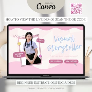 May include: A MacBook Pro laptop shows a pink and white Canva design with the words "Visual Storyteller." The design features a photo of a person, buttons labelled "View My Resume" and "View Portfolio," and a QR code. The text "Made in Canva" is at the top.