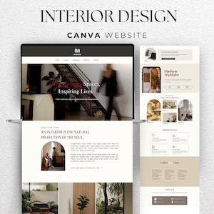 May include: A website design for interior design services, displayed on a laptop and additional pages. The design features a minimalist aesthetic with neutral tones, showcasing interior spaces and the text "Interior Design" and "Canva Website".