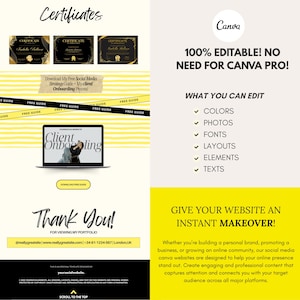 May include: A digital marketing template with a yellow and white design. The design includes certificates, a laptop displaying a website, and the text "100% EDITABLE! NO NEED FOR CANVA PRO!" and "Give your website an instant makeover!"