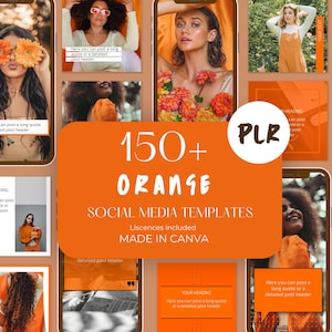 Puede incluir: Un collage de plantillas de redes sociales de temática naranja para Canva. El texto dice "150+ Plantillas de redes sociales naranja, Licencias incluidas, Hecho en Canva".