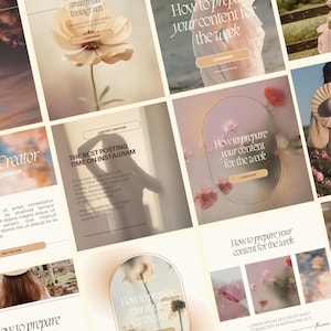 May include: A collage of Instagram post templates with a light brown background and floral accents. The text on the templates includes "Meet the Creator", "The Best Posting Time on Instagram", and "How to Prepare Your Content for the Week".