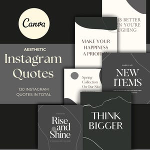 May include: Aesthetic Instagram Quotes templates with various designs. The image features several square graphics with text like "Make Your Happiness A Priority" and "New Items." The Canva logo is visible in the upper left corner.