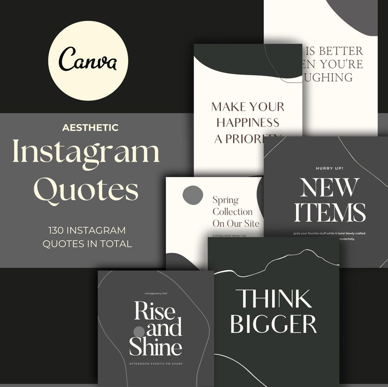 May include: Aesthetic Instagram Quotes templates with various designs. The image features several square graphics with text like "Make Your Happiness A Priority" and "New Items." The Canva logo is visible in the upper left corner.