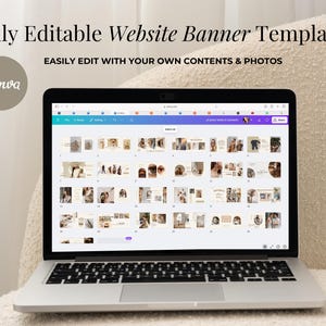 May include: A laptop displays a Canva interface with website banner templates. The screen shows various design layouts with the text "Fully Editable Website Banner Templates" and "Easily Edit With Your Own Contents & Photos". A Canva logo is visible.