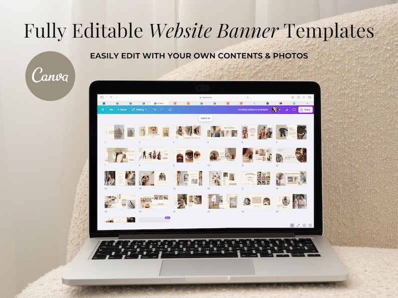 May include: A laptop displays a Canva interface with website banner templates. The screen shows various design layouts with the text "Fully Editable Website Banner Templates" and "Easily Edit With Your Own Contents & Photos". A Canva logo is visible.