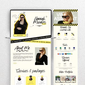 May include: A website design featuring a virtual assistant, content creator, and social media manager. The design includes the name "Hannah Morales" and sections for "About Me," "Services & Packages," and a video portfolio. The color scheme is black, white, and yellow.