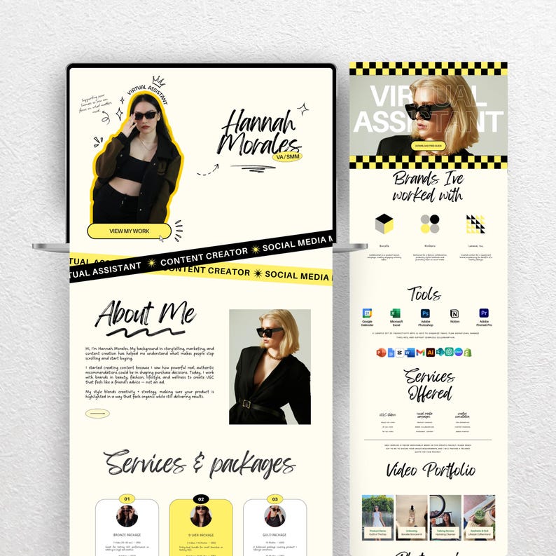 May include: A website design featuring a virtual assistant, content creator, and social media manager. The design includes the name "Hannah Morales" and sections for "About Me," "Services & Packages," and a video portfolio. The color scheme is black, white, and yellow.