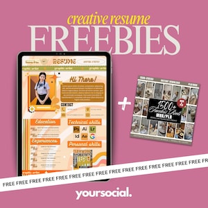 May include: A digital tablet showing a resume template with the text "creative resume FREEBIES." A second image shows a bundle of 1500+ Faceless Reels. The background is pink with the word "FREE" repeated.