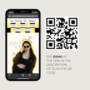 May include: A smartphone displays a website with a yellow and black design, advertising virtual assistant services. The screen shows a woman in sunglasses, and a QR code is next to the phone. Text reads "Now Booking This January!"