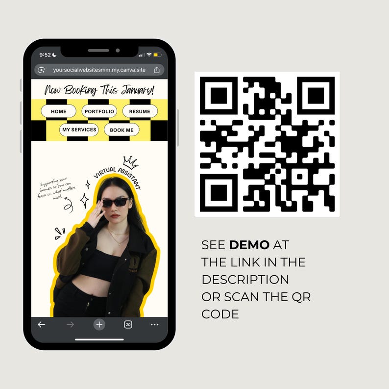 May include: A smartphone displays a website with a yellow and black design, advertising virtual assistant services. The screen shows a woman in sunglasses, and a QR code is next to the phone. Text reads "Now Booking This January!"