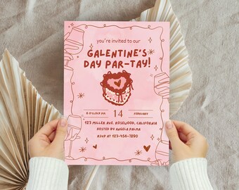 Galentines Party Hand Drawn Valentines Invitation, Valentines Day Party, Valentines Invite Cute Galentines GIrls Night Pink Valentines