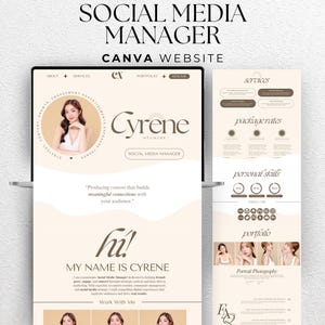 May include: A website mockup for a social media manager named Cyrene Neumeire. The website features a light brown and white color scheme with a photo of Cyrene in the upper left corner. The website includes sections for about, services, portfolio, and resume. The text "Producing content that builds meaningful connections with your audience." is featured on the website.