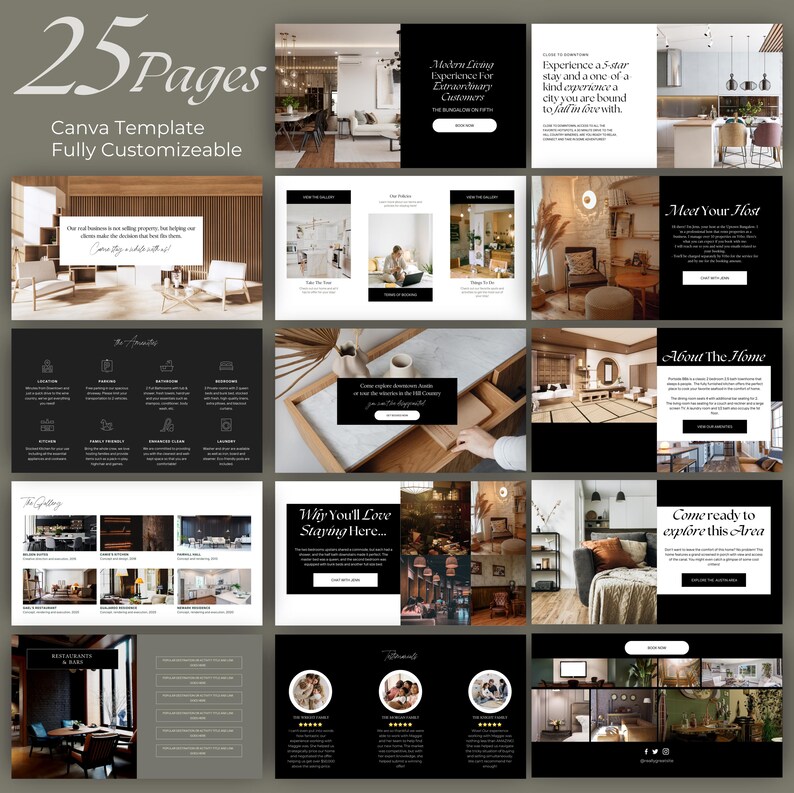 May include: A 25-page Canva template for Airbnb listings. The template is fully customisable and features images of a modern living room, a bedroom, and a kitchen. The template also includes text boxes for information about the home, the host, and the area.