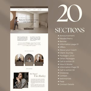 May include: A website design with a neutral color palette, featuring the text "Start your transformation today - mind, body, and soul." The design includes sections for announcements, offers, and contact details. The number "20" is prominently displayed.