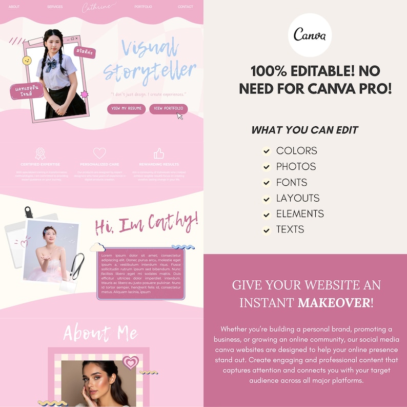 May include: A pink and white Canva website template with the text "Visual Storyteller" and "Hi, I'm Cathy!". The template includes editable elements such as colours, photos, fonts, layouts, and texts. The template is designed to help build a personal brand.