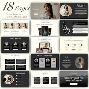May include: A Canva template for a business website with 18 pages. The template features a black and white color scheme with a modern design. The template includes pages for contact information, services, testimonials, and more.
