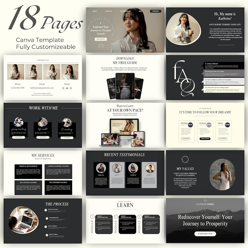 May include: A Canva template for a business website with 18 pages. The template features a black and white color scheme with a modern design. The template includes pages for contact information, services, testimonials, and more.