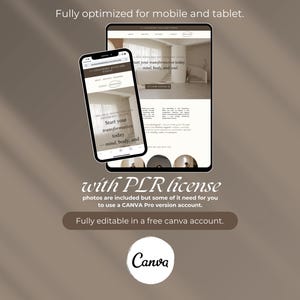 May include: A smartphone and tablet displaying a website design with the text "Start your transformation today - mind, body, and soul." The image includes the Canva logo and text about PLR licensing and Canva Pro.