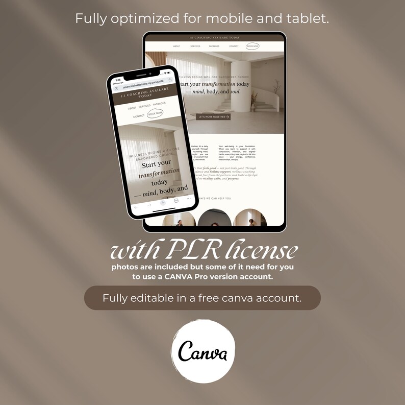 May include: A smartphone and tablet displaying a website design with the text "Start your transformation today - mind, body, and soul." The image includes the Canva logo and text about PLR licensing and Canva Pro.
