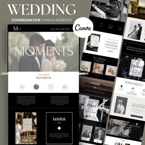 May include: A black and white website design template for a wedding coordinator. The website features a photograph of a bride and groom, a section for pricing, and a contact form. The website is designed in a modern and minimalist style.