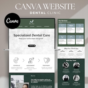 Può includere: Un design di sito web per una clinica dentistica, che mostra servizi, testimonianze dei clienti e profili dei membri del team. Il design presenta un layout pulito con una combinazione di colori verde e bianco e il testo "Specialized Dental Care".