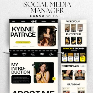 May include: A digital marketing website template with the text "SOCIAL MEDIA MANAGER CANVA WEBSITE". The website design includes sections for portfolio, services, and testimonials. The color scheme is black, white, and yellow.