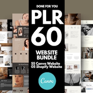 Puede incluir: Un gráfico negro con el texto "DONE FOR YOU PLR 60 WEBSITE BUNDLE" y "55 Canva Website 05 Shopify Website". El logotipo de Canva está en un círculo turquesa. La imagen muestra plantillas de sitios web.