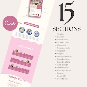 May include: A website design layout in pink and white. The design features a mobile phone mockup, website design icons, testimonials, and a list of 15 sections. The Canva logo is visible.