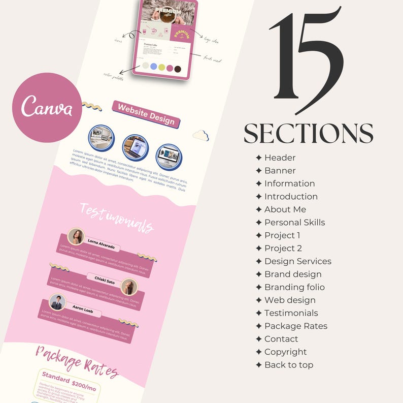 May include: A website design layout in pink and white. The design features a mobile phone mockup, website design icons, testimonials, and a list of 15 sections. The Canva logo is visible.