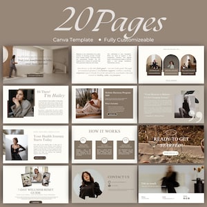 May include: A Canva template with 20 pages, fully customizable, featuring a wellness theme. The design includes text such as "Start your transformation today" and "Your Health Journey Starts Today". The template showcases images and layouts for a holistic approach.