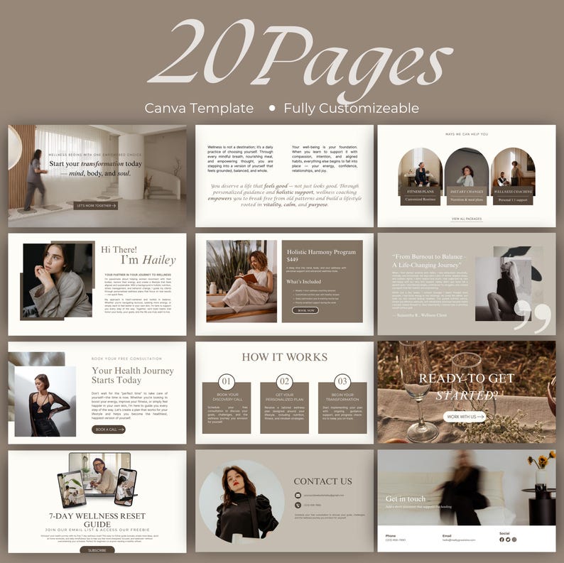 May include: A Canva template with 20 pages, fully customizable, featuring a wellness theme. The design includes text such as "Start your transformation today" and "Your Health Journey Starts Today". The template showcases images and layouts for a holistic approach.