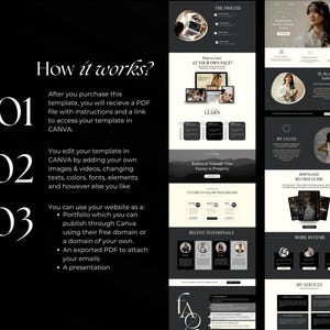 May include: A black and white website design template with the text "How it works?" and numbered steps. The template includes a section for testimonials, a section for services, and a section for a free guide. The website is designed for a business or individual who wants to share their knowledge and expertise.