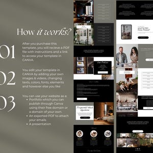 May include: A website screenshot showing a step-by-step guide on how to use a template. The website has a black and white colour scheme with a modern design. The text on the website is in white and the background is black. The website has a section titled "How it works?" with three steps numbered 1, 2, and 3. The website also has a section titled "Frequently Asked Questions".