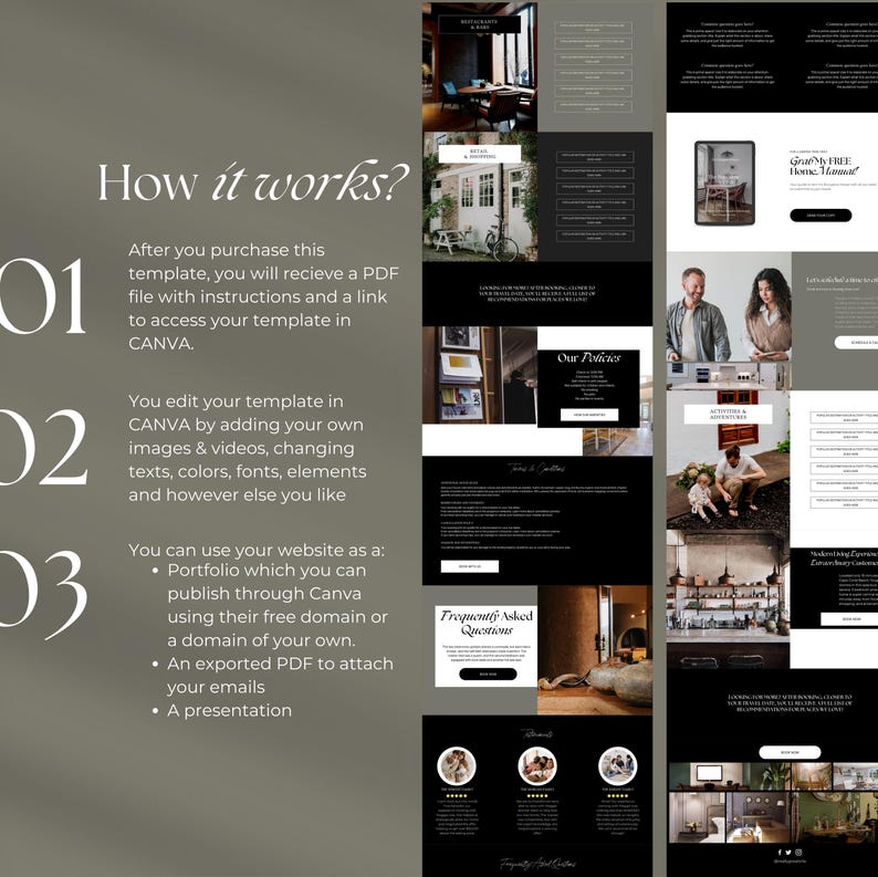 May include: A website screenshot showing a step-by-step guide on how to use a template. The website has a black and white colour scheme with a modern design. The text on the website is in white and the background is black. The website has a section titled "How it works?" with three steps numbered 1, 2, and 3. The website also has a section titled "Frequently Asked Questions".
