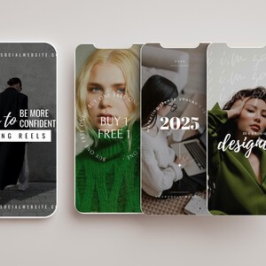 Puede incluir: Tres pantallas de tel&eacute;fono con dise&ntilde;os diferentes. La primera pantalla tiene una imagen en blanco y negro de una persona con un abrigo negro y el texto "how to be more confident using reels". La segunda pantalla tiene una mujer con un su&eacute;ter verde con el texto "Buy 1 Free 1". La tercera pantalla tiene una mujer con una chaqueta verde con el texto "designer".