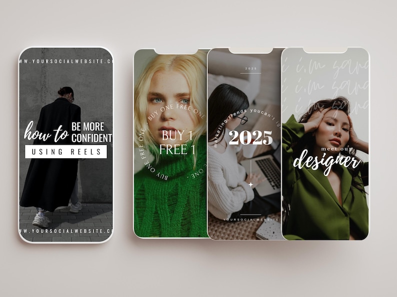 Puede incluir: Tres pantallas de tel&eacute;fono con dise&ntilde;os diferentes. La primera pantalla tiene una imagen en blanco y negro de una persona con un abrigo negro y el texto "how to be more confident using reels". La segunda pantalla tiene una mujer con un su&eacute;ter verde con el texto "Buy 1 Free 1". La tercera pantalla tiene una mujer con una chaqueta verde con el texto "designer".