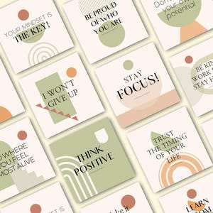 May include: A collection of square cards with motivational quotes in a minimalist design. The cards feature phrases like "Your Mindset is the Key!" and "Think Positive" in a modern font, with geometric shapes and neutral colors.