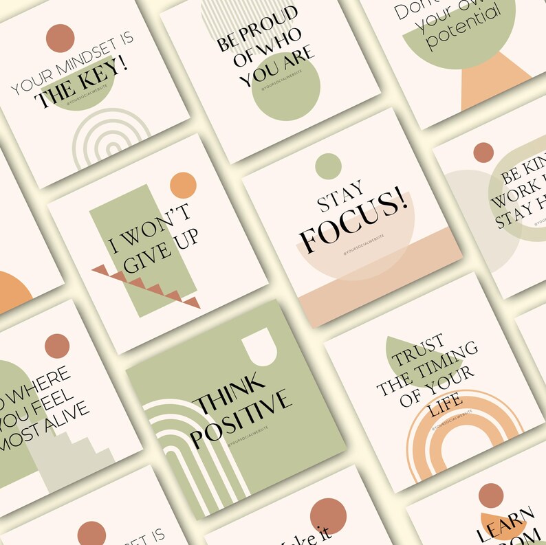 May include: A collection of square cards with motivational quotes in a minimalist design. The cards feature phrases like "Your Mindset is the Key!" and "Think Positive" in a modern font, with geometric shapes and neutral colors.