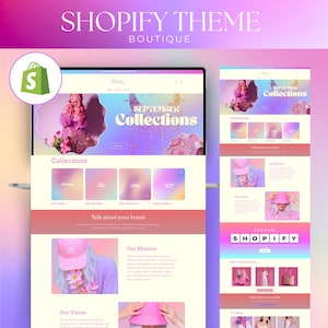 May include: A Shopify theme boutique website design displayed on a tablet. The website features a pastel colour scheme with the text "Shopify Theme Boutique" at the top. The website showcases a "September Collections" page.