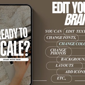 Puede incluir: La pantalla de un tel&eacute;fono muestra un port&aacute;til con el texto "Ready to Scale?" y las palabras "Start with this!" El tel&eacute;fono est&aacute; sobre un fondo marr&oacute;n con el texto "Edit Your Brand" y una lista de opciones: "Edit Texts, Change Fonts, Change Colors, Change Photos, Backgrounds, Layouts, Add Icons, ETC."