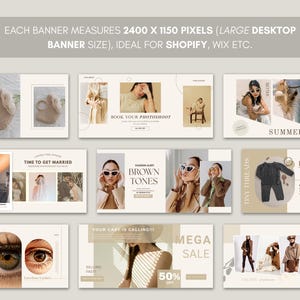 May include: A collection of nine website banners with a neutral color palette. The banners feature images of fashion, beauty, and lifestyle products. Text includes "Chain Bag", "Summer Fashion", "Brown Tones", and "Mega Sale". Each banner measures 2400 x 1150 pixels.