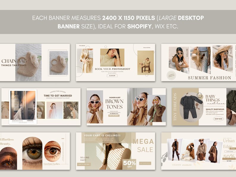 May include: A collection of nine website banners with a neutral color palette. The banners feature images of fashion, beauty, and lifestyle products. Text includes "Chain Bag", "Summer Fashion", "Brown Tones", and "Mega Sale". Each banner measures 2400 x 1150 pixels.